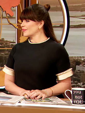 Casey Wilson’s black pearl trim dress on The Drew Barrymore Show