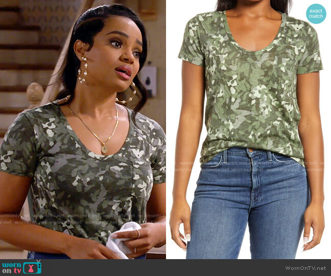 Caslon Rounded V-Neck Tee in Green Floral Camo worn by Randi (Kyla Pratt) on Call Me Kat