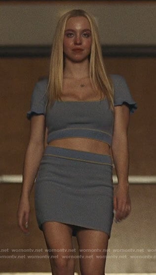Cassie's blue knit top and skirt set on Euphoria