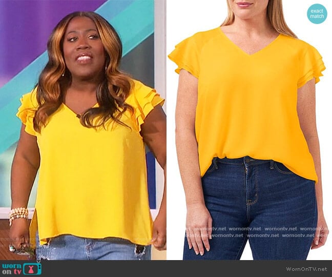 Flutter Sleeve V-Neck Cap Sleeve Blouse by CeCe worn by Sheryl Underwood on The Talk