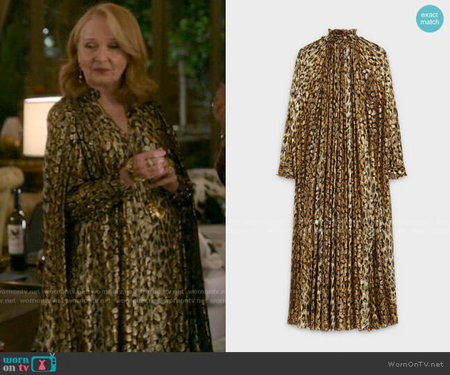 Celine Cape dress with frill collar in silk and fil coupé with leopard print worn by Nora Radford (Kate Burton) on Inventing Anna