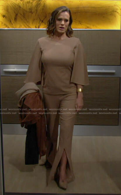 Chelsea's camel cape sleeve top and split front pants on The Young and the Restless