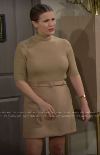 Chelsea's camel turtleneck and belted skirt on The Young and the Restless