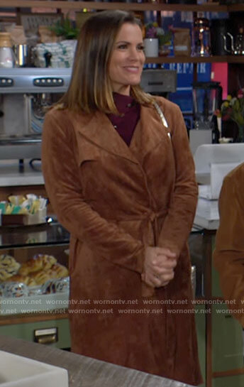 Chelsea’s suede trench coat on The Young and the Restless