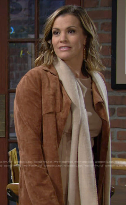 Chelsea’s suede trench coat on The Young and the Restless