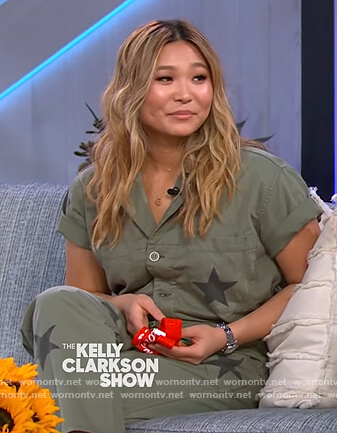 Chloe Kim’s green star print jumpsuit on The Kelly Clarkson Show