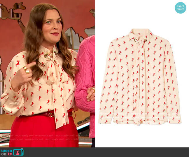 Printed pussy-bow silk-crepe blouse by Chloe worn by Drew Barrymore on The Drew Barrymore Show