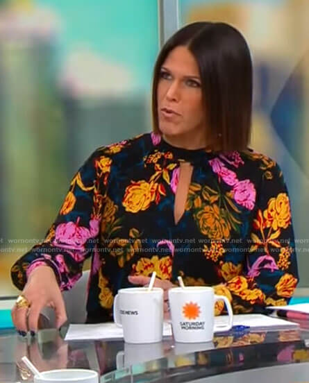 Dana Jacobson's floral keyhole cutout blouse on CBS Saturday Morning