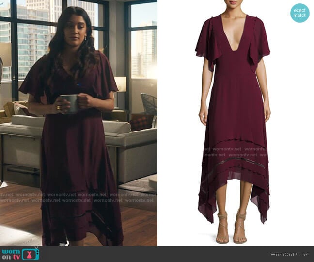 V-Neck Silk Georgette Midi Dress by Derek Lam worn by Leela Devi (Anuja Joshi) on The Resident