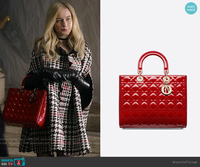Dior Cherry Red Patent Cannage Calfskin Large Lady Dior Bag worn by Anna Delvey (Julia Garner) on Inventing Anna