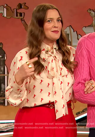 Drew's white horse print blouse on The Drew Barrymore Show