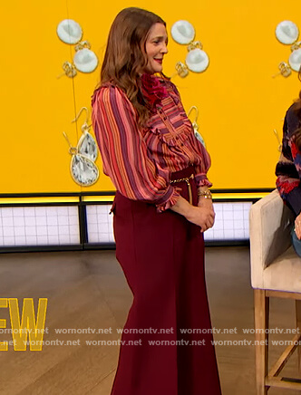 Drew’s pink stripe ruffle blouse on The Drew Barrymore Show