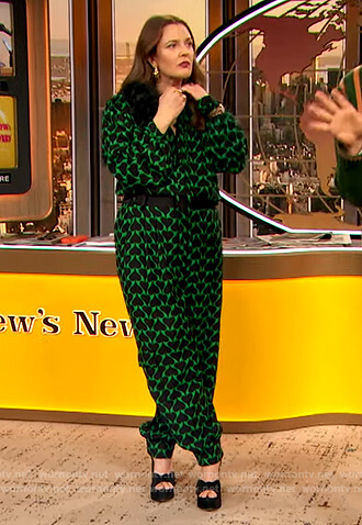 Drew’s green heart print wrap dress on The Drew Barrymore Show