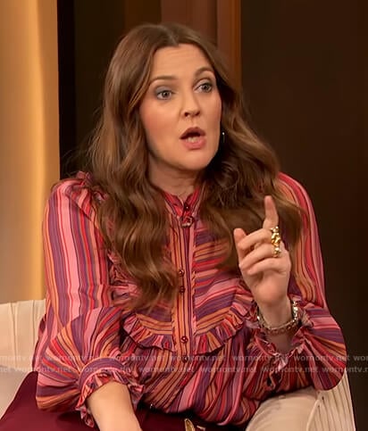 Drew’s pink stripe ruffle blouse on The Drew Barrymore Show