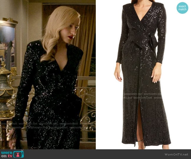 Eliza J Sequin Wrap Front Long Sleeve Gown worn by Anna Delvey (Julia Garner) on Inventing Anna