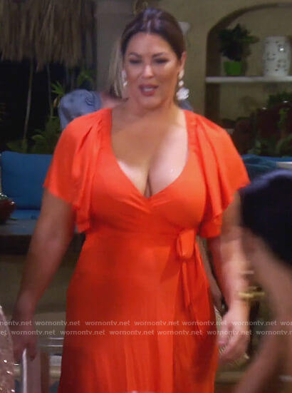 Emily's red off shoulder dress on The Real Housewives of Orange County