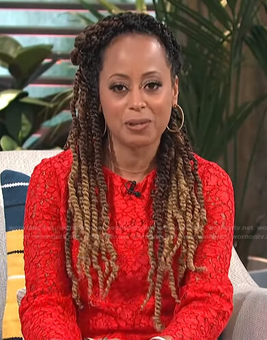 Essence Atkins’s red floral lace top on E! News Daily Pop