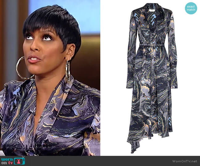 Karligraphy Marble Print Asymmetric Long Sleeve Crepe Satin Dress by Fendi worn by Tamron Hall on Tamron Hall Show