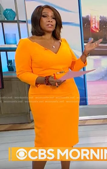 Gayle King’s orange v-neck dress on CBS Mornings