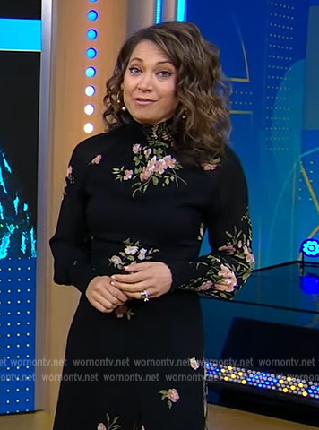 Ginger’s black floral print mock neck dress on Good Morning America