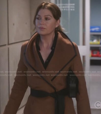 Meredith's brown leather trim wrap coat on Greys Anatomy