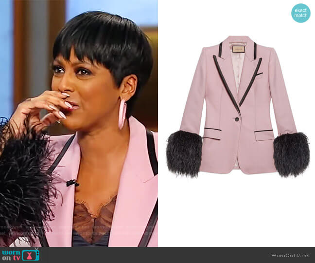 Wool mohair jacket with feathers by Gucci worn by Tamron Hall on Tamron Hall Show