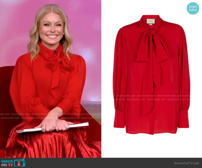 Tie-Neck Silk Blouse by Gucci worn by Kelly Ripa  on Live with Kelly & Ryan