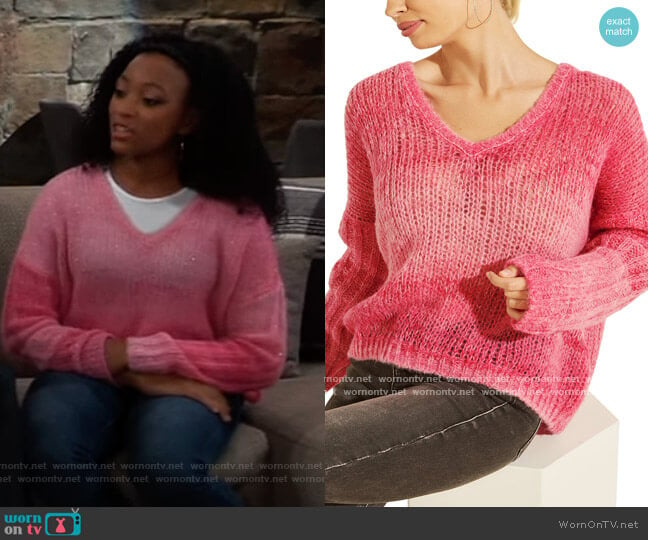 Ariane V-neck Loose-Knit Sweater by Guess worn by Trina (Sydney Mikayla) on General Hospital