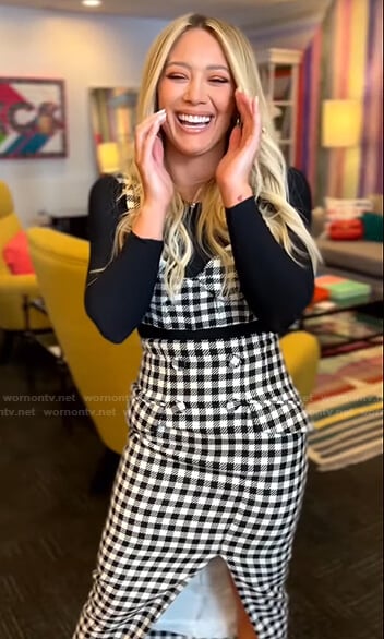 Hilary Duff’s black check cropped top and skirt on The Kelly Clarkson Show