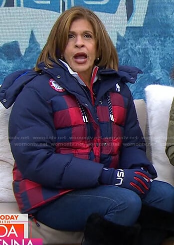 Hoda’s navy and red check puffer jacket and gloves on Today