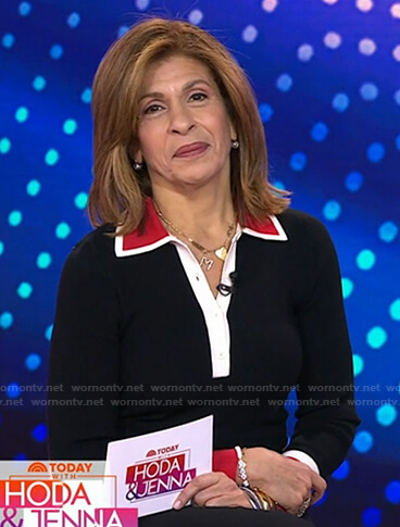 Hoda’s black contrast trim polo sweater on Today