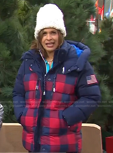 Hoda’s navy and red check puffer jacket on Today