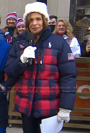 Hoda’s navy and red check puffer jacket on Today