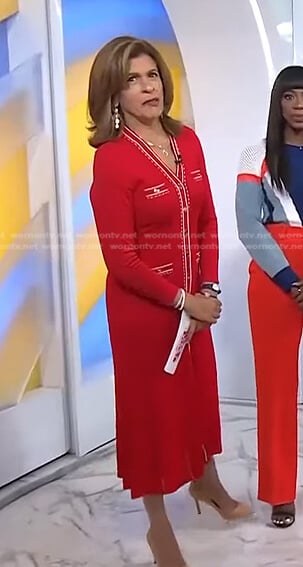 Hoda’s red contrast trim button front dress on Today