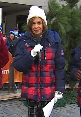 Hoda’s navy and red check puffer jacket on Today