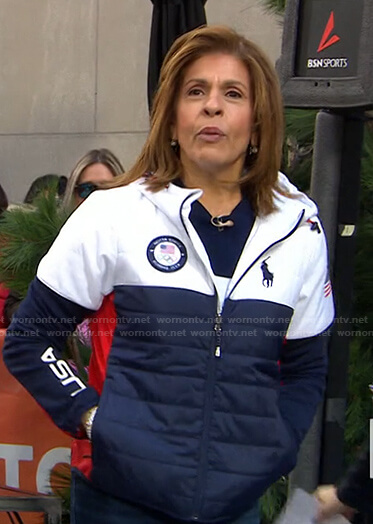 Hoda’s white and navy colorblock puffer jacket on Today