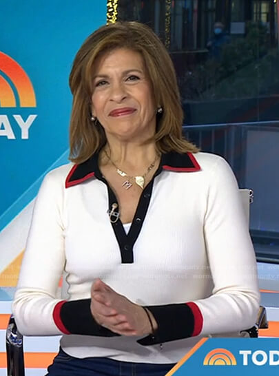 Hoda’s white contrast trim polo sweater on Today