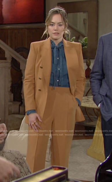 Hope’s tan suit and denim tie neck shirt on The Bold and the Beautiful