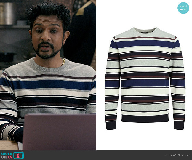 Jack & Jones Premium Stripe Knit Crewneck Sweater worn by Jay (Utkarsh Ambudkar) on Ghosts