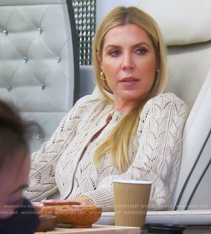 Jen’s beige pointelle cardigan on The Real Housewives of Orange County