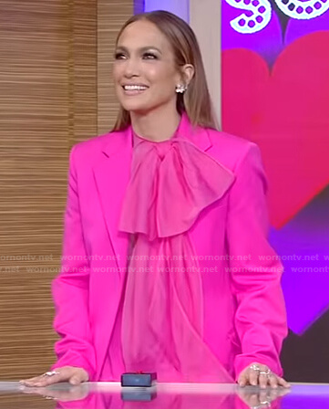 Jennifer Lopez’s pink tie neck blouse and blazer on Live with Kelly and Ryan