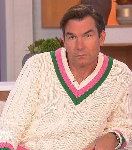 Jerry’s white cable knit stripe trim sweater on The Talk