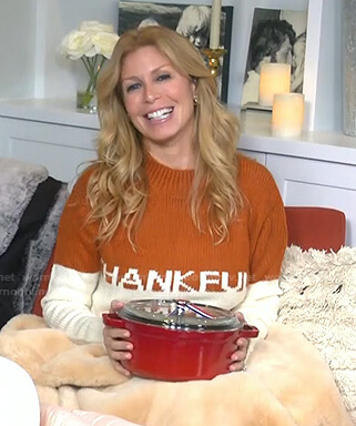 Jill’s orange and white Thankful sweater on Today