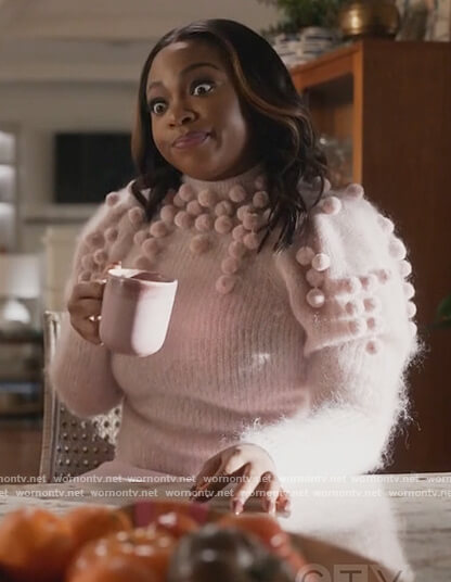 Jill's pink pom-pom mohair sweater on Queens