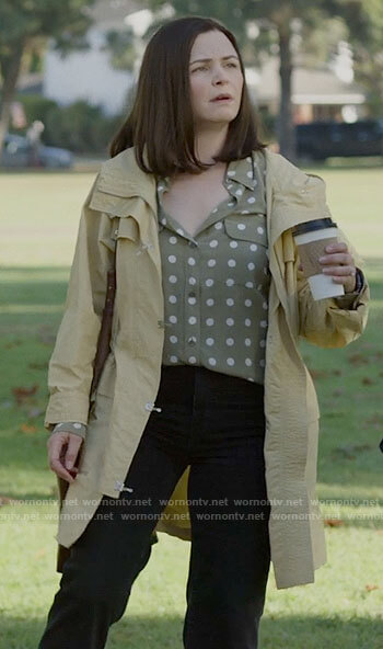 Jodie's green polka dot blouse on Pivoting