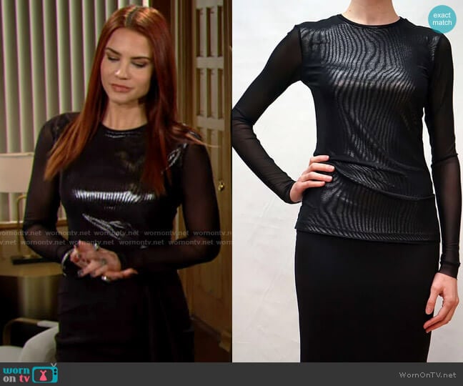 Joeffer Caoc Long Sleeve Top w/ Knit Mesh Overlay worn by Sally Spectra (Courtney Hope) on The Young and the Restless