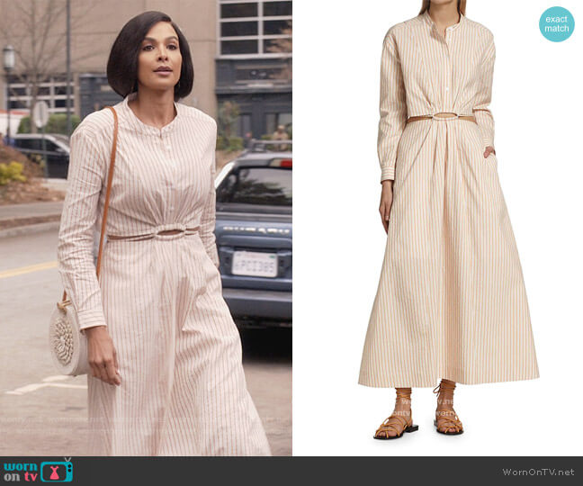 Janet Striped Open Back Maxi Shirtdress by Jonathan Simkhai worn by Felisha Terrell on Queens