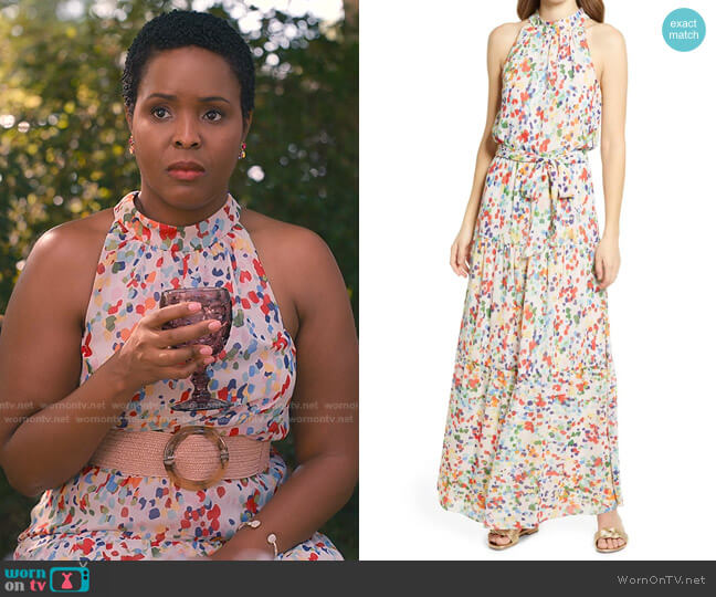 Print Belted Tiered Maxi Dress by Julia Jordan worn by Brittany L. Smith on Sweet Magnolias