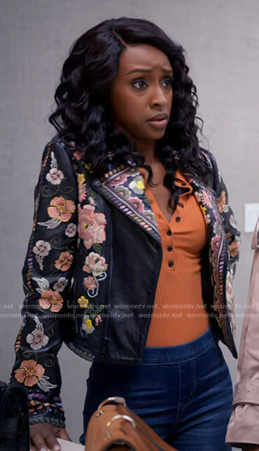 Karen's floral embroidered leather jacket on Tyler Perrys Sistas