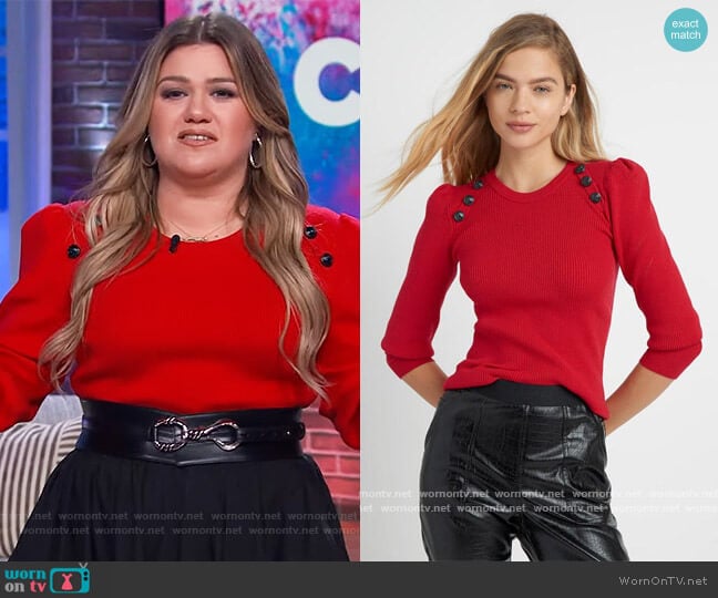 Puff Sleeve Sweater with Buttons by Karl Lagerfeld worn by Kelly Clarkson on The Kelly Clarkson Show